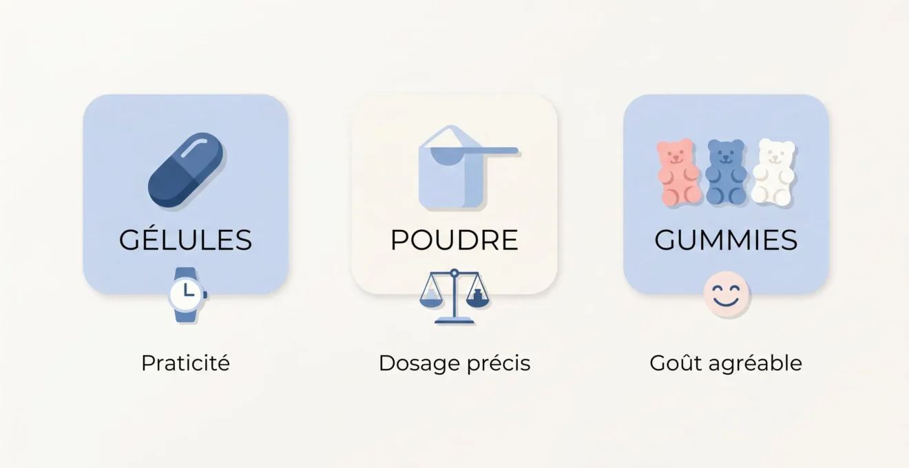Icônes des trois formes de collagène : gélules, poudre et gummies.