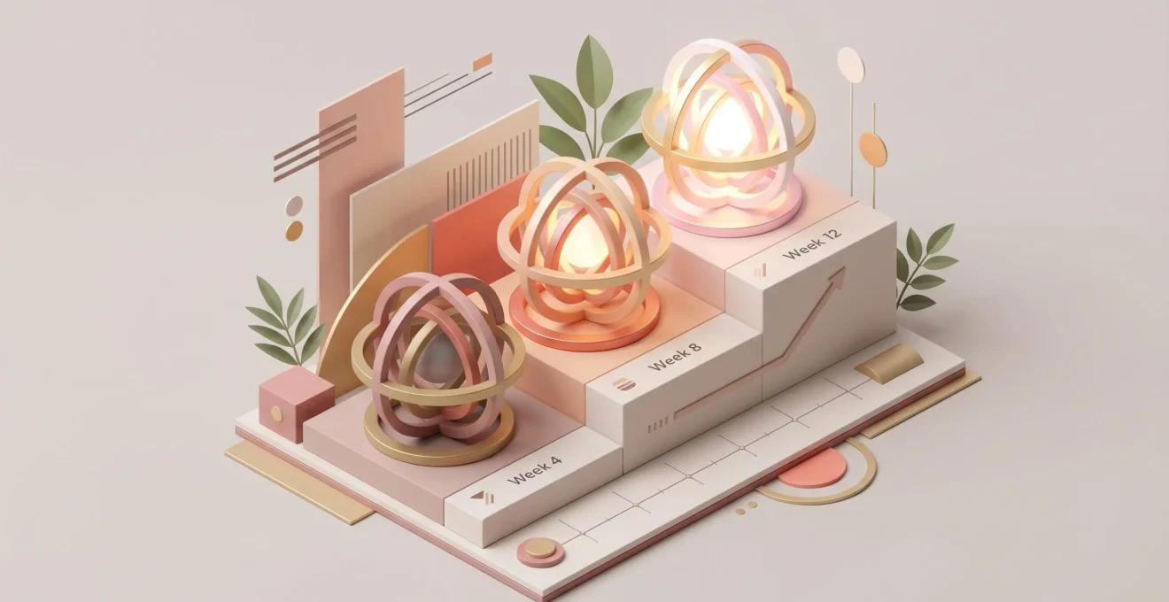 Illustration d'une progression lumineuse sur 12 semaines symbolisant les délais d'amélioration cutanée.